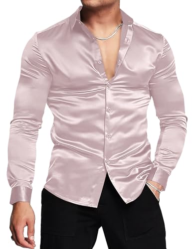 URRU Herren Luxus Glänzende Seide wie Satin Langarm Hemd Casual Slim Fit Muskel Button Up Hemden Leder Rosa S von URRU