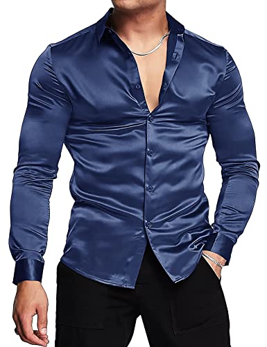 URRU Herren Luxus Glänzende Seide wie Satin Langarm Hemd Casual Slim Fit Muskel Button Up Hemden Marineblau XXL von URRU