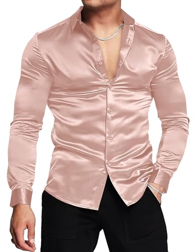 URRU Herren Luxus Glänzende Seide wie Satin Langarm Hemd Casual Slim Fit Muskel Button Up Hemden Orange XL von URRU