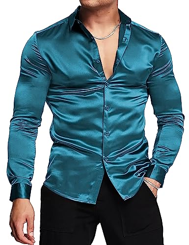 URRU Herren Luxus Glänzende Seide wie Satin Langarm Hemd Casual Slim Fit Muskel Button Up Hemden Pfauenblau XL von URRU