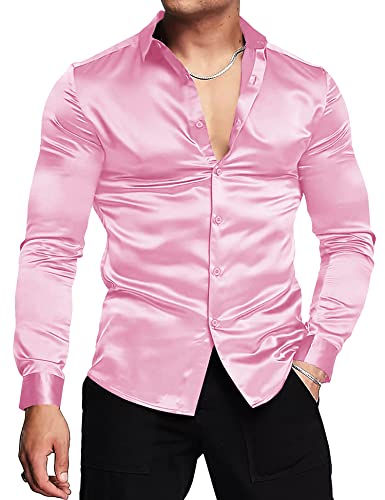 URRU Herren Luxus Glänzende Seide wie Satin Langarm Hemd Casual Slim Fit Muskel Button Up Hemden Rosa S von URRU