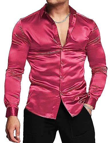 URRU Herren Luxus Glänzende Seide wie Satin Langarm Hemd Casual Slim Fit Muskel Button Up Hemden Rot XXL von URRU