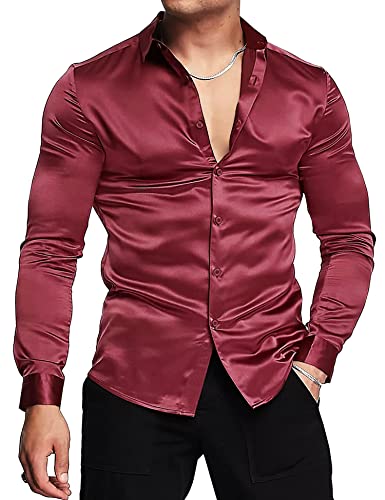 URRU Herren Luxus Glänzende Seide wie Satin Langarm Hemd Casual Slim Fit Muskel Button Up Hemden Weinrot XL von URRU