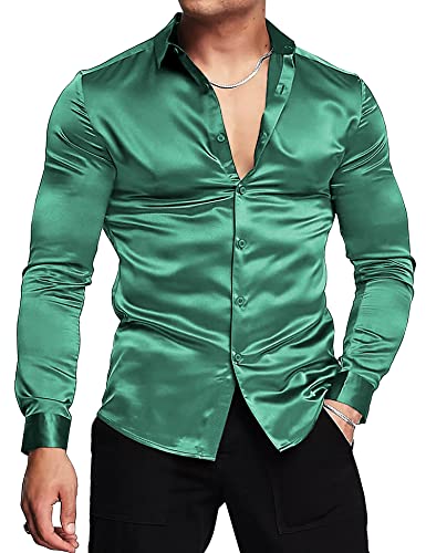 URRU Herren Luxus Shiny Silk Like Satin Kleid Shirt Langarm Casual Slim Fit Muscle Button Up Shirts, Dark Green, XL von URRU