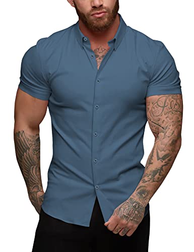 URRU Herren Muskel Business Kleid Hemden Regular Fit Stretch Kurzarm Casual Button Down Hemden Helles Kobalt L von URRU
