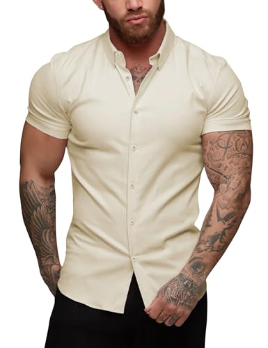 URRU Herren Muscle Dress Shirts Slim Fit Stretch Kurzarm Casual Button Down Shirts für Männer, Kurzarm-Khaki, L von URRU