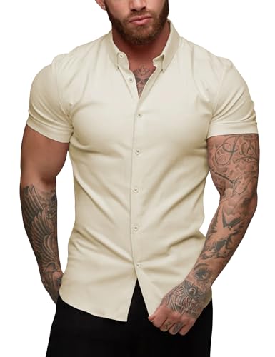 URRU Herren Muscle Dress Shirts Slim Fit Stretch Kurzarm Casual Button Down Shirts für Männer, Kurzarm-Khaki, Mittel von URRU