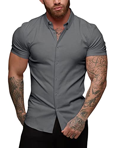 URRU Herren Muscle Dress Shirts Slim Fit Stretch Kurzarm Casual Button Down Shirts für Männer, Kurze Ärmel dunkelgrau, Klein von URRU