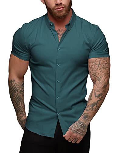 URRU Herren Muscle Dress Shirts Slim Fit Stretch Kurzarm Casual Button Down Shirts für Männer, Kurze Ärmel dunkelgrün, Klein von URRU