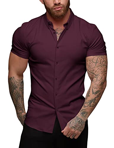 URRU Herren Muscle Dress Shirts Slim Fit Stretch Kurzarm Casual Button Down Shirts für Männer, Short Sleeve Wine Red, Mittel von URRU