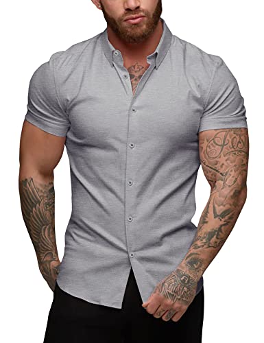 URRU Herren Muscle Dress Shirts Slim Fit Stretch Kurzarm Casual Button Down Shirts für Männer, Short Sleeve grau, L von URRU