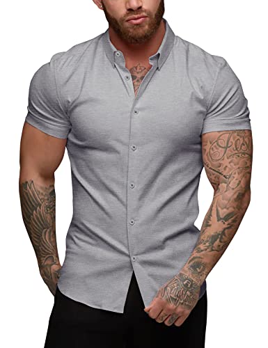 URRU Herren Muskel Business Kleid Hemden Regular Fit Stretch Kurzarm Casual Button Down Hemden Grau M von URRU