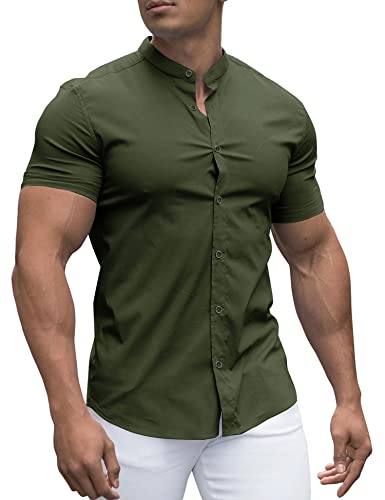 URRU Herren Muskel Hemd Regular Fit Stretch Stehkragen Kurzarm Casual Button Down Hemden Armeegrün XXL von URRU