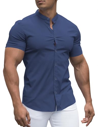 URRU Herren Muskel Hemd Regular Fit Stretch Stehkragen Kurzarm Casual Button Down Hemden Blau M von URRU
