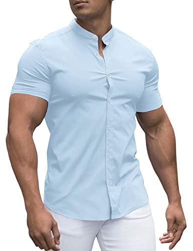 URRU Herren Muskel Hemd Regular Fit Stretch Stehkragen Kurzarm Casual Button Down Hemden Hellblau XXL URRU Herren Muskel Hemd Regular Fit Stretch Stehkragen Kurzarm Casual Button Down Hemden Hellblau XXL von URRU