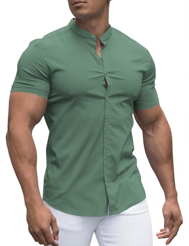 URRU Herren Muskel Hemd Regular Fit Stretch Stehkragen Kurzarm Casual Button Down Hemden Helles Armeegrün L von URRU
