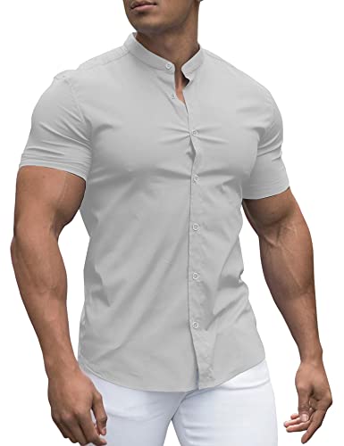 URRU Herren Muskel Hemd Regular Fit Stretch Stehkragen Kurzarm Casual Button Down Hemden Hellgrau XL URRU Herren Muskel Hemd Regular Fit Stretch Stehkragen Kurzarm Casual Button Down Hemden Hellgrau XL von URRU