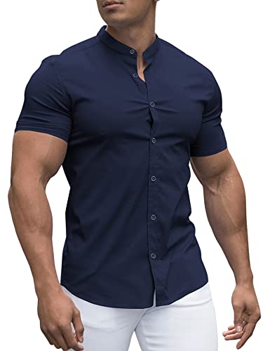 URRU Herren Muskel Hemd Regular Fit Stretch Stehkragen Kurzarm Casual Button Down Hemden Marineblau S von URRU