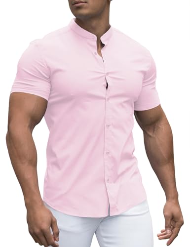 URRU Herren Muskel Hemd Regular Fit Stretch Stehkragen Kurzarm Casual Button Down Hemden Rosa M von URRU
