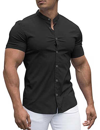 URRU Herren Muskel Hemd Regular Fit Stretch Stehkragen Kurzarm Casual Button Down Hemden Schwarz M von URRU