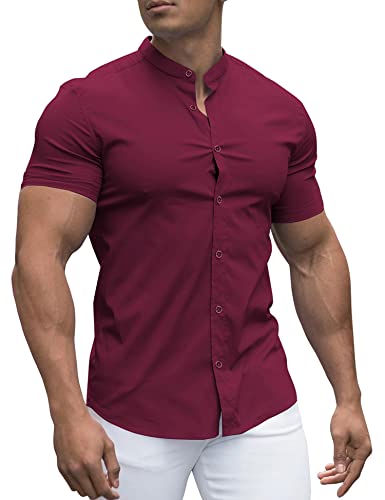 URRU Herren Muskel Hemd Regular Fit Stretch Stehkragen Kurzarm Casual Button Down Hemden Weinrot XXL von URRU