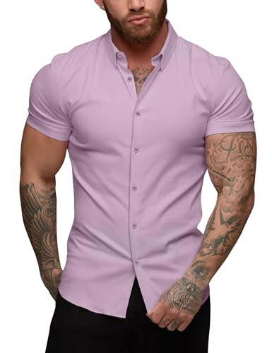 URRU Herren Muskel Kleid Hemden Slim Fit Stretch Kurzarm Casual Button Down Shirts für Herren, Kurzärmelig, Lavendel, Mittel von URRU