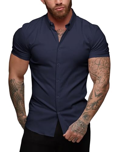 URRU Herren Muskel Business Kleid Hemden Regular Fit Stretch Kurzarm Casual Button Down Hemden Marineblau L von URRU