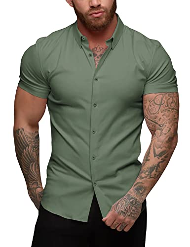 URRU Herren Muskel Kleid Hemden Slim Fit Stretch Kurzarm Casual Button Down Shirts für Herren, Kurzarm army Grün, L von URRU