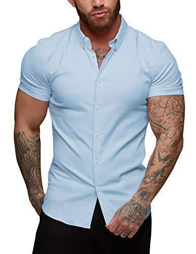 URRU Herren Muskel Business Kleid Hemden Regular Fit Stretch Kurzarm Casual Button Down Hemden Hellblau L von URRU