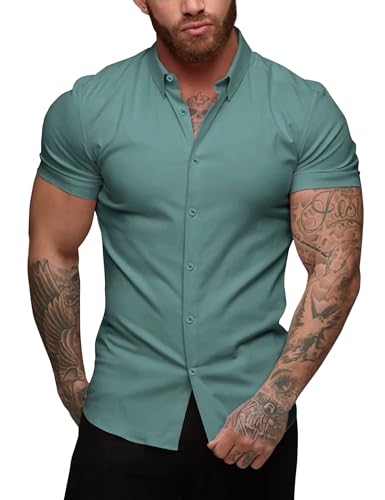 URRU Herren Muskel Kleid Hemden Slim Fit Stretch Kurzarm Casual Button Down Shirts für Herren, Kurzarm-helles Kieferngrün, Mittel von URRU