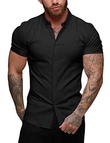 URRU Herren Muskel Kleid Hemden Slim Fit Stretch Kurzarm Casual Button Down Shirts für Herren, Kurzarm-schwarz, Klein von URRU
