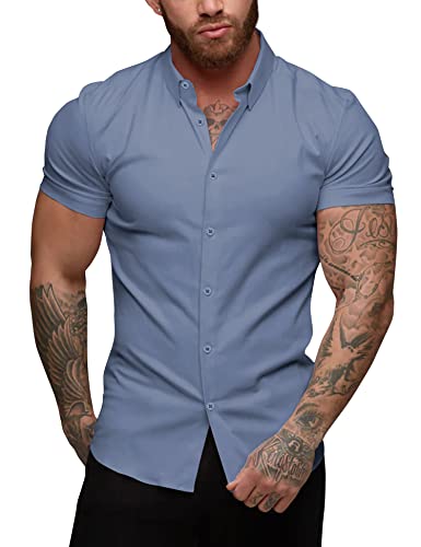 URRU Herren Muskel Kleid Hemden Slim Fit Stretch Kurzarm Casual Button Down Shirts für Herren, Kurze Ärmel, Jeansblau, L von URRU