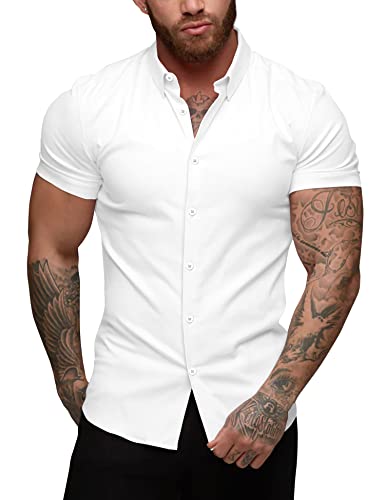 URRU Herren Muskel Kleid Hemden Slim Fit Stretch Kurzarm Casual Button Down Shirts für Herren, Kurze Ärmel, Weiß, Mittel von URRU