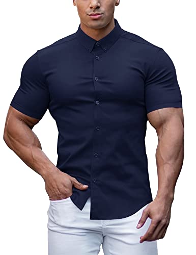 URRU Herren Muskel Kleid Hemden Slim Fit Stretch Lang&Kurzarm Casual Button Down Shirt, Kurzarm-Marineblau, L von URRU