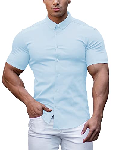 URRU Herren Muskel Kleid Hemden Slim Fit Stretch Lang&Kurzarm Casual Button Down Shirt, Kurzarm hellblau, L von URRU