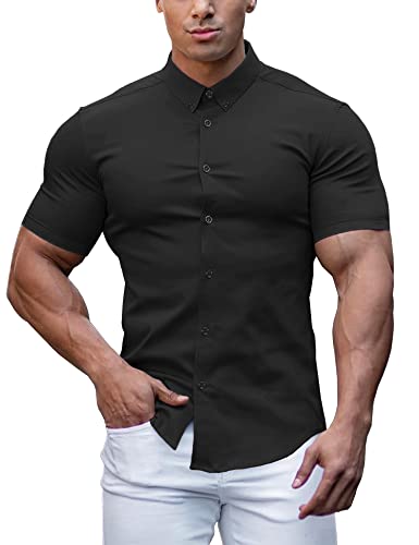 URRU Herren Muskel Kleid Hemden Slim Fit Stretch Lang&Kurzarm Casual Button Down Shirt, Kurzarm-schwarz, L von URRU