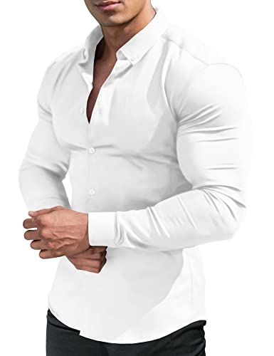 URRU Herren Muskel Kleid Hemden Slim Fit Stretch Lang&Kurzarm Casual Button Down Shirt, Langarmweiß, Mittel von URRU