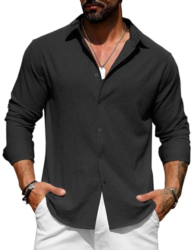 URRU Herren Freizeithemd Langarm knitterfrei Seersucker Button Down Kleid Hemd für Männer Sommer Strand Hochzeit Hemd, Schwarz, Mittel von URRU