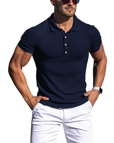 URRU Herren-Muskel-T-Shirt, Stretch, lang- und kurzärmelig, Workout-T-Shirt, lässig, schmale Passform, 1 kurze Ärmel, Marineblau, L von URRU