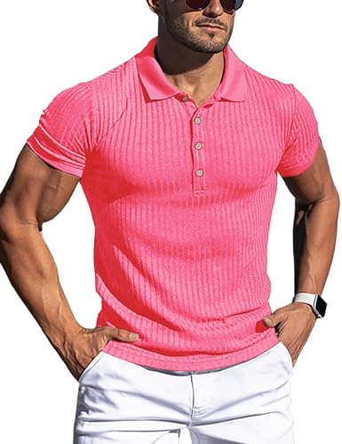 URRU Herren-Muskel-T-Shirt, Stretch, lang- und kurzärmelig, Workout-T-Shirt, lässig, schmale Passform, 1 kurze Ärmel, fluoreszierendes Rosa, Mittel von URRU