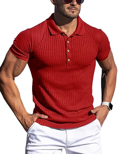 URRU Herren Muskel-T-Shirt, Stretch, lang- und kurzärmelig, Workout-T-Shirt, lässig, schmale Passform, 1 kurze Ärmel, rot, Groß von URRU