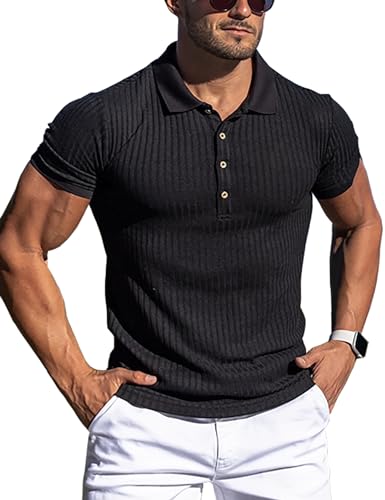 URRU Herren-Muskel-T-Shirt, Stretch, lang- und kurzärmelig, Workout-T-Shirt, lässig, schmale Passform, 1 kurze Ärmel, schwarz, Mittel von URRU
