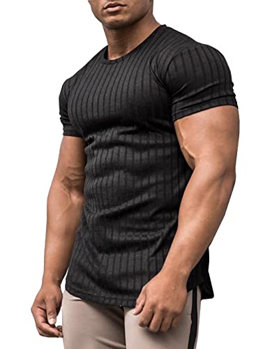 URRU Herren Muskel-T-Shirts Stretch Kurzarm Bodybuilding Workout Casual Slim Fit T-Shirts, Schwarz, XX-Large von URRU