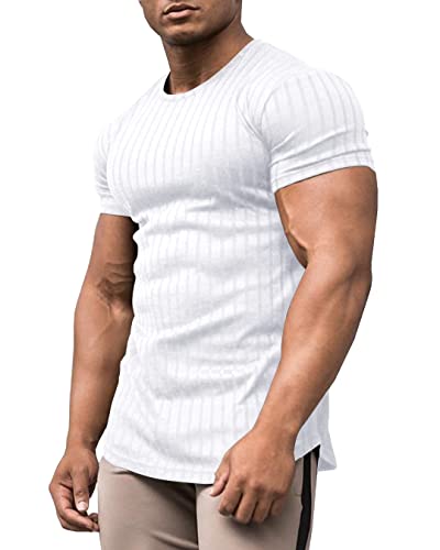 Urru Herren-Muskel-T-Shirt, Stretch, kurzärmelig, Bodybuilding, Workout, lässig, schmale Passform, Weiss/opulenter Garten, Mittel von URRU