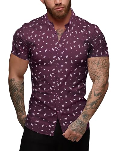 URRU Herren Muskelhemd Slim Fit Stretch Kurzarm Casual Button Down Shirts für Männer, Blumenmuster, Weinrot, Klein URRU Herren Muskelhemd Slim Fit Stretch Kurzarm Casual Button Down Shirts für Männer, Blumenmuster, Weinrot, Klein von URRU