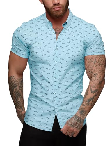 URRU Herren Muskelhemd Slim Fit Stretch Kurzarm Casual Button Down Shirts für Männer, Blumenmuster - Hellblau, L von URRU