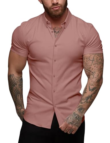 URRU Herren Muskelhemd Slim Fit Stretch Kurzarm Casual Button Down Shirts für Männer, Ruddy Pink, L von URRU