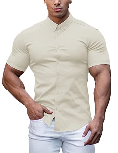 URRU Herren Muskelkleid Hemden Slim Fit Stretch Kurzarm Casual Button Down Shirt, Hellkhaki, Mittel von URRU
