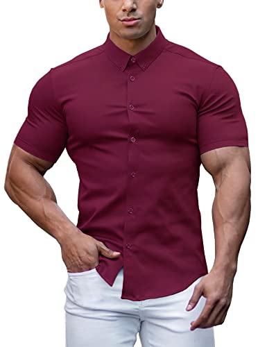 URRU Herren Muskelkleid Hemden Slim Fit Stretch Kurzarm Casual Button Down Shirt, weinrot, Groß von URRU