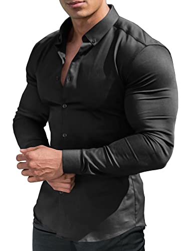 URRU Herren Muskelkleid Hemden Slim Fit Stretch Lang&Kurzarm Casual Button Down Shirt, Langarm-schwarz, Klein von URRU